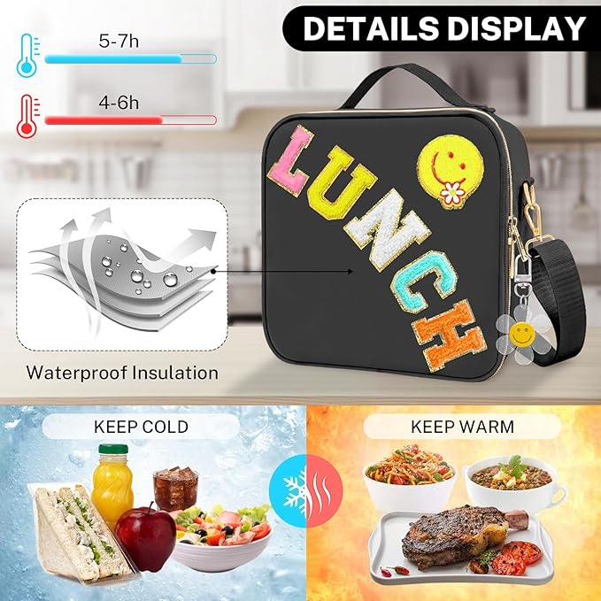 Lunch Box for Girls Women, Preppy Lunch Box for Teen Girls, Insulated Girls Lunch Bag for Kids, Large Reusable Cute Cooler Bag with Adjustable Shoulder Straps,Perfect for School Travel Picnic(Pink)
