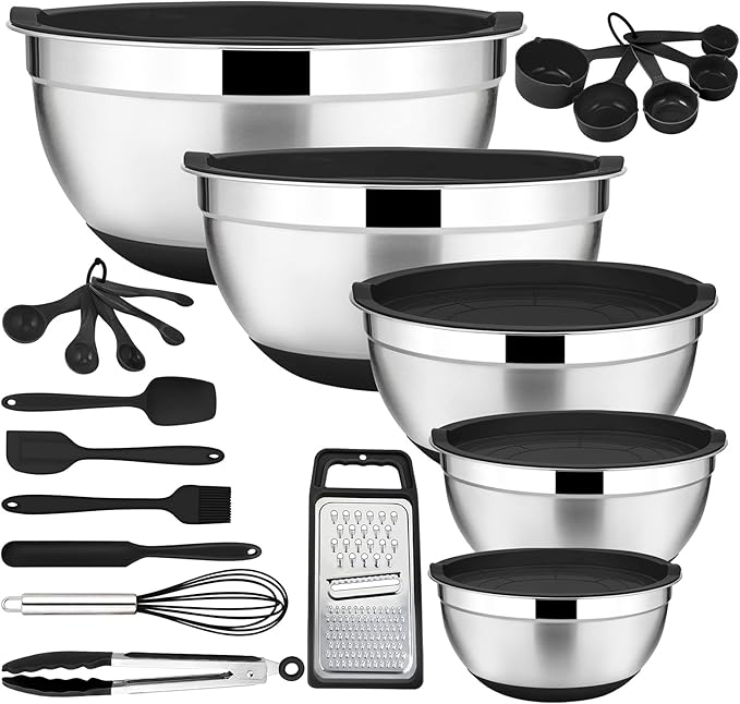 E-far 22-Piece Mixing Bowls with Black Lids & Accessories Set, Stainless Steel Nesting Bowls with Covers & Non-Slip Bottoms, Metal Bowls for Cooking/Baking/Serving/Storage - Size 7/3.5/2.5/1.5/1 QT