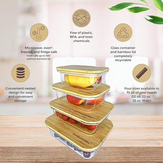 Glass Containers with Lids | Non Plastic Glassware Set - Natural Raw Organic Wooden Bamboo Lids | Set of 4 | Reusable, BPA Free | Perfect for Meal Prep, Lunch, Leftovers, Kitchen