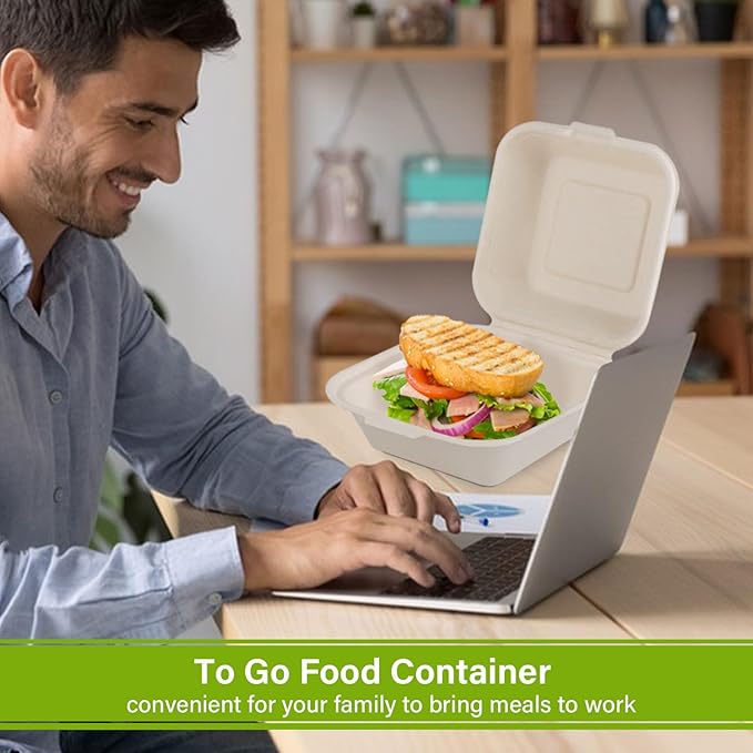 greensight Compostable Take Out Food Container 6X6, 100 Pack Disposable Clamshell Food Containers, To Go Boxes Heavy Duty, Biodegradable Made From Sugarcane Fibers