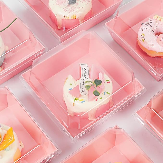 Kosotody 50 Pack Charcuterie Boxes with Clear Lids, 4 Inches Pink Oil-Proof Kraft Paper Food Containers Bakery Boxes for Sandwich, Cookies, Hot Cocoa, Cupcakes and Strawberries