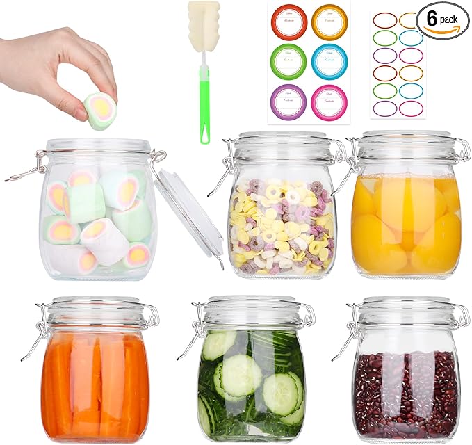 AuroTrends 25oz Glass Jars with Airtight Lids 6Pack - Large Kitchen Canisters for Food Storage, 750ml Leakproof Canning Jars with Wide Mouth, Ideal for Flour, Coffee, Snacks & Home Organization