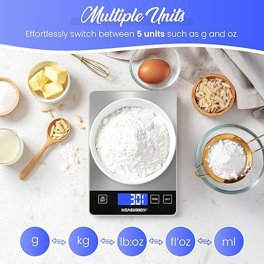 33lb Digital Kitchen Scale, Food Scale, Precisely Measures Grams and Ounces for Baking and Cooking, Meal Prep, Waterproof Tempered Glass, Coffee Scale, Battery & Charging Cable Included