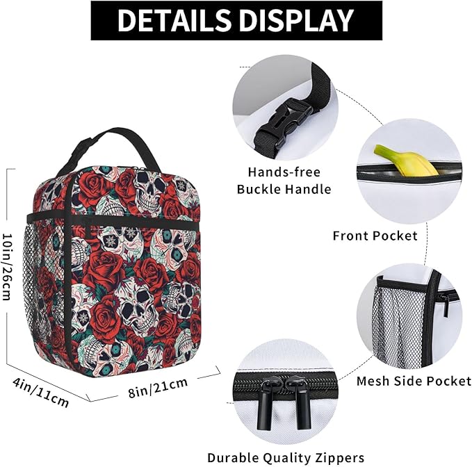 YETTA YANG Sugar Skull Rose Flower Portable Lunch Bag Insulated Lunch Box Reusable Totes For Women Men Work Picnic Camping