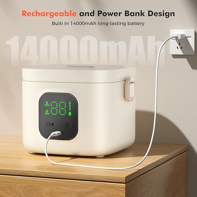 Electric Lunch Box for Kids & Adults - 14000mAh Battery-Powered, Self-Heating Food Warmer with Type-C Rechargeable, 27oz/800ml Portable Heated Lunch Box for Office, School, Camping, Diet Meals