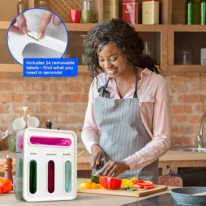 Food Storage Bag Organizer, 4 Slot Plastic Sandwich Bag Organizer for Kitchen Storage, Baggie Organizer for Drawer with Labels Included, Gallon, Quart, Sandwich, Snack, and Slider Bags
