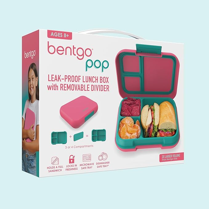 Bentgo Pop - Leak-Proof Lunch Box & Removable Divider for Ages 8+ & Teens - Lunch Container Holds 5 Cups of Food; 3-4 Compartments; Microwave/Dishwasher Safe; 2 Year Warranty (Bright Coral/Teal)