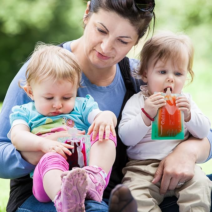CheriBaby Reusable Baby Food Pouches for Toddlers – 10 Packs, BPA Free Plastic, Food Safe, Freezer Safe, Refillable Squeeze Pouch for Applesauce, Yogurt & Puree, Leakproof Double Lock Zipper, 7oz