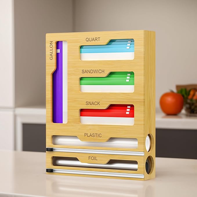 Bag Storage Organizer for Kitchen Drawer, 6 in 1 Foil and Plastic Wrap Dispenser with Cutter, Bamboo Plastic Bag Food Baggie Organizer for Gallon, Quart, Sandwich, Snack