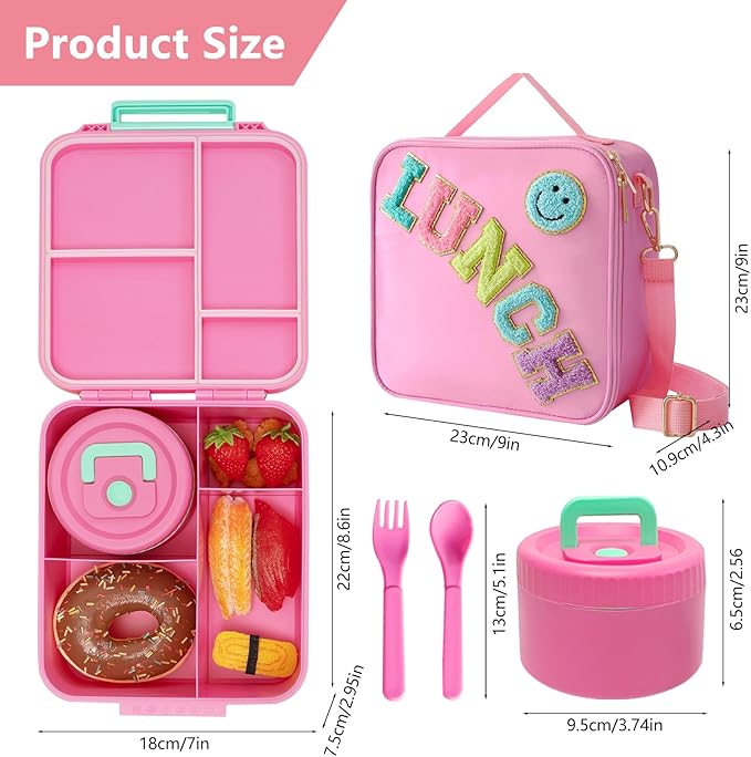 Bento Lunch Box for Kids with 8.5oz Soup Thermo, Kids Leakproof Lunch Food Containers with 4 Compartment, Pink Nylon Insulated Lunch Bag Adjustable Strap for Girl Teens School Travel Picnic