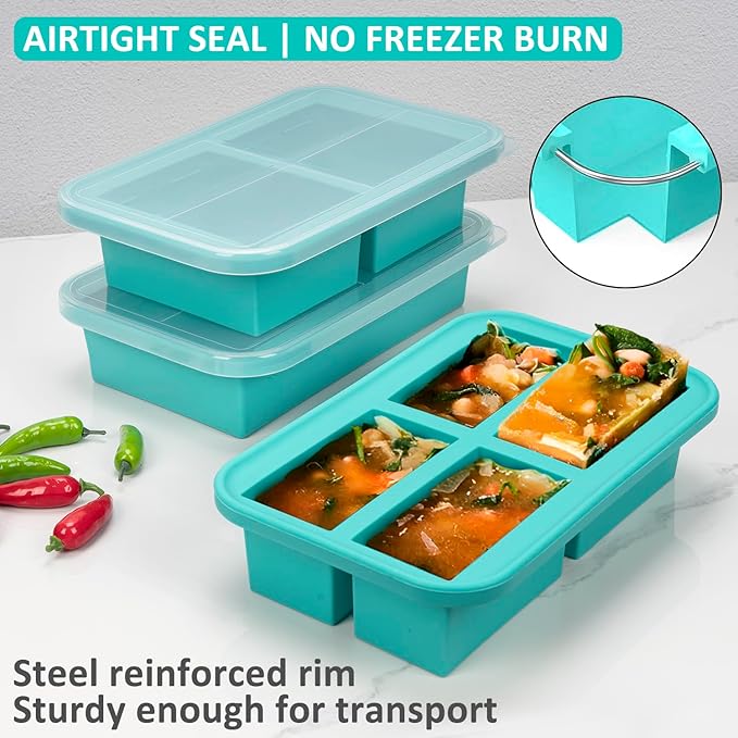 Bundle of 8 Pack Collapsible Food Storage Containers with Lid Blue + 3 Pack Silicone Freezer Trays with Lids Aqua