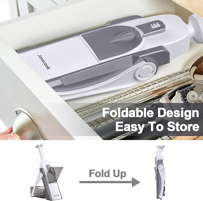 Safe Mandoline Slicer for Kitchen, Adjustable Thickness 0.1-8 mm, 5 in 1 Multi Vegetable Chopper, Potato Slicer, Food Chopper French Fry Cutte, with Paring Knife/Cleaning Brush, Mandolin (LightGrey)