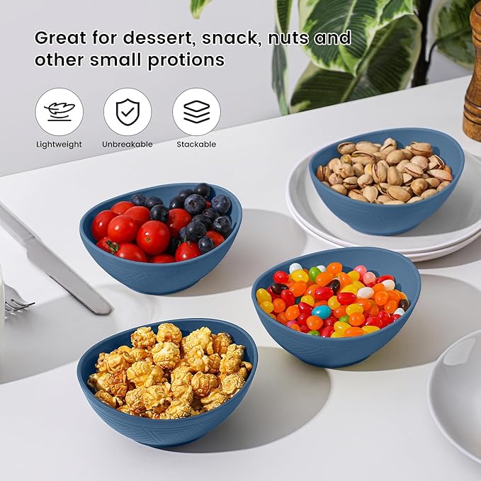 Small Dessert Bowl 5 Inch - 10 OZ Wheat Straw Bowl Unbreakable Plastic Bowls Reusable Lightweight Snack Bowls for Outdoor Microwave and Dishwasher Safe - Blue