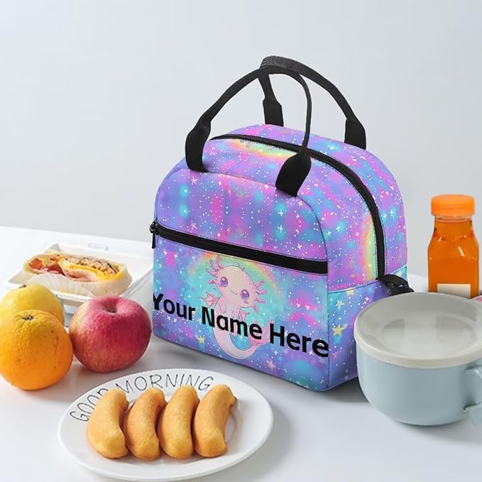 Showudesigns Custom Lunch Bags for Women Cute Axolotl Lunch Box Girls Personalized Insulated Lunch Bags Rianbow Thermal Meal Tote Kit with Zipper Add Your Name Back To School Crossbody