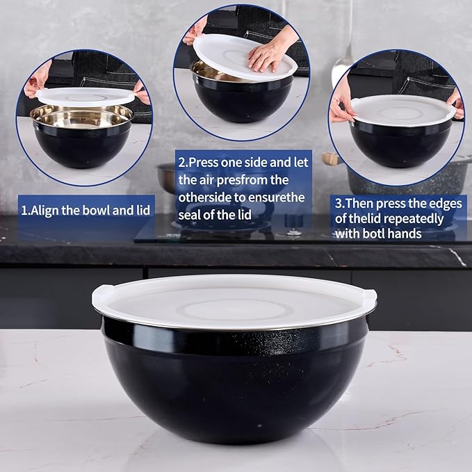 Black Mixing Bowls With Airtight Lids,Stainless Steel Bowl,Salad Bowls 7 Piece Colorful Nesting Bowl Rainbow Kitchen Accessories,Size 7,3.6,2.7,2.1,1.5,1.1,0.8QT Stackable Design