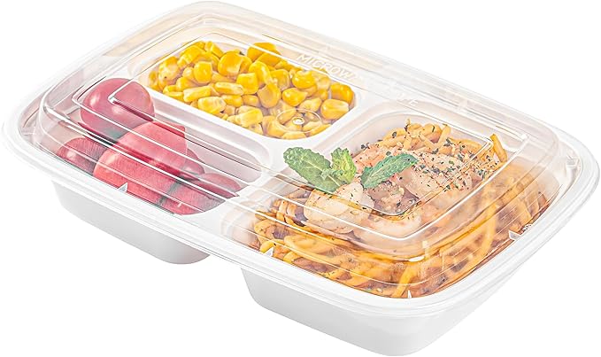 Restaurantware Asporto 26 Ounce Compartment Take Out Boxes, 50 Microwavable Meal Prep Containers - 3 Compartments, With Clear Plastic Lids, White Plastic Food Containers, Do Not Contain BPA