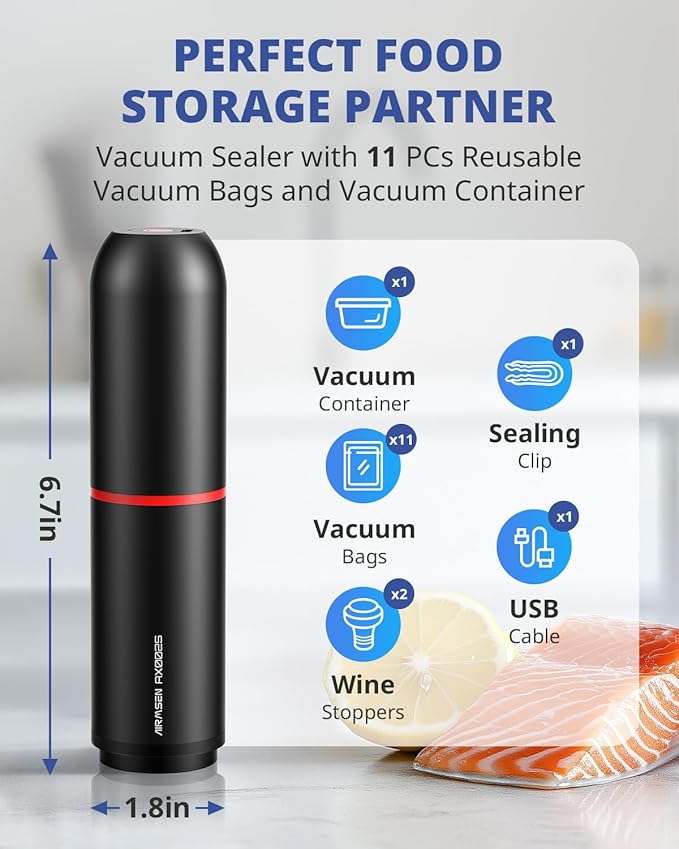 AIRMSEN Handheld Vacuum Sealer with 1.4L Glass Vacuum Container and 11 PCS Reusable Sous Vide Bags, Compact Vacuum Sealer Machine for Food Storage