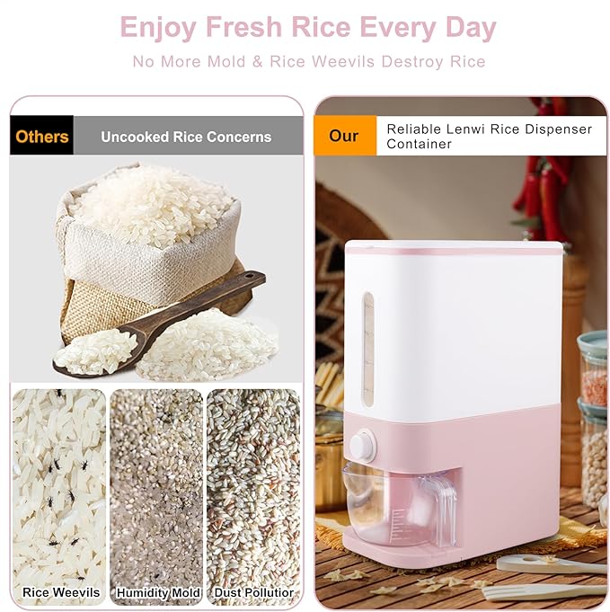 Rubtlamp 22.5-25 Lbs Pink Rice Dispenser, Rice Storage Container, Pink Rice Storage Container with Measuring Cup, Rice Holder Bucket for Household Kitchen Rice Soybean Corn