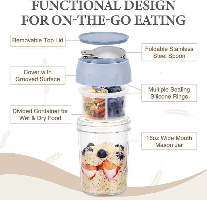 SOLIGT 4 Pack Overnight Oats Containers with Lids, Folding Spoons and Divided Compartments for Fruit & Nuts, Small Glass 16oz Mason Jars for Oatmeal (4 Set-Oat White/Green/Rose/Blue)
