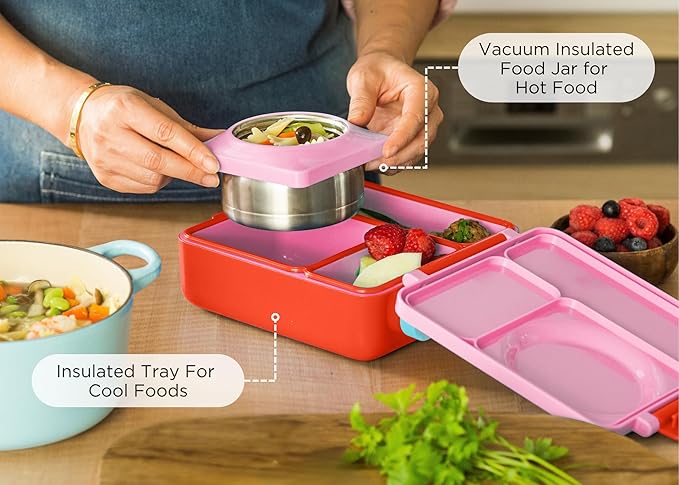 OmieBox Bento Box for Kids - Insulated with Leak Proof Thermos Food Jar - 3 Compartments, Two Temperature Zones (Single) (Packaging May Vary)