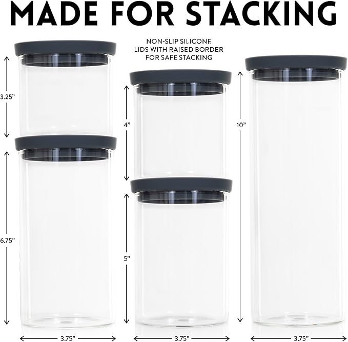 Glass Airtight Food Storage Containers with Silicone and Glass Lids – BPA-Free Jars and Canisters for Pasta Rice Flour, Dry or Wet Foods, Pantry Meal Prep – Set of 5 with Portion Tool