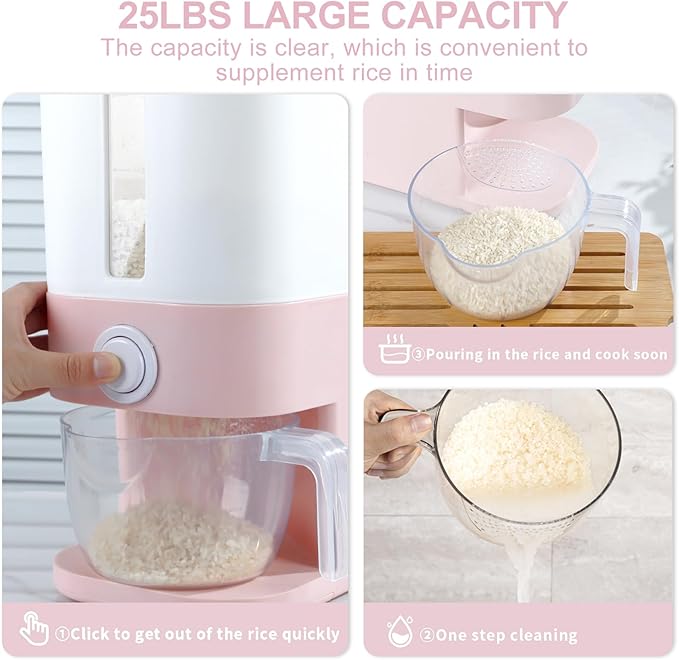 Rubtlamp 22.5-25 Lbs Pink Rice Dispenser, Rice Storage Container, Pink Rice Storage Container with Measuring Cup, Rice Holder Bucket for Household Kitchen Rice Soybean Corn