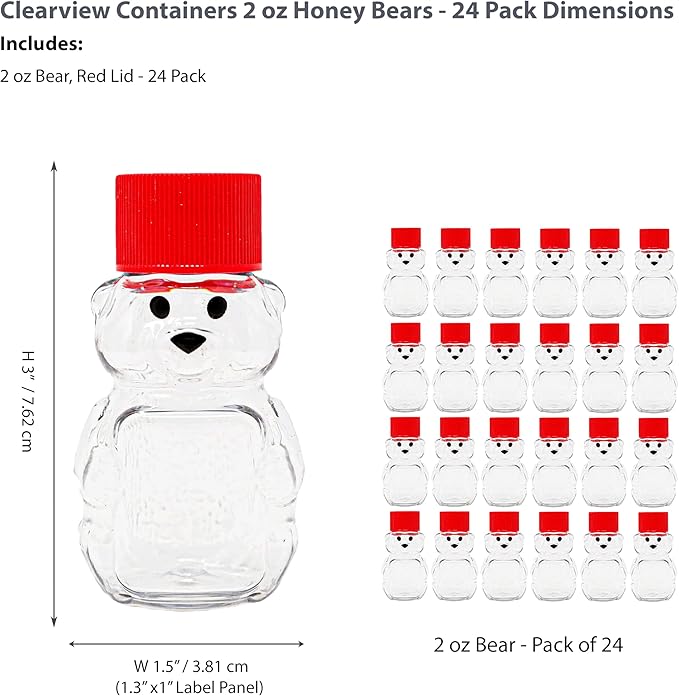 2 Ounce Honey Bears with Sealable Red Screw Top Lid - 24 Pack (2 oz. Bear, 24pk, Red)