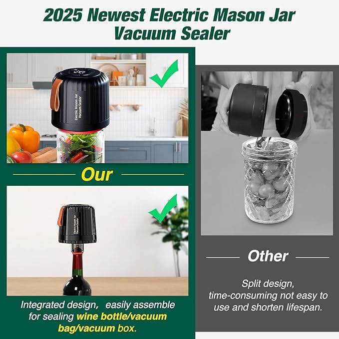 Electric Mason Jar Vacuum Sealer Kit,Upgraded 4 in 1 Automatic Stop Mason Jar Vacuum Sealer for Wide and Regular Mouth Mason Jars Wine Bottle Food Storage Box Vacuum Bag