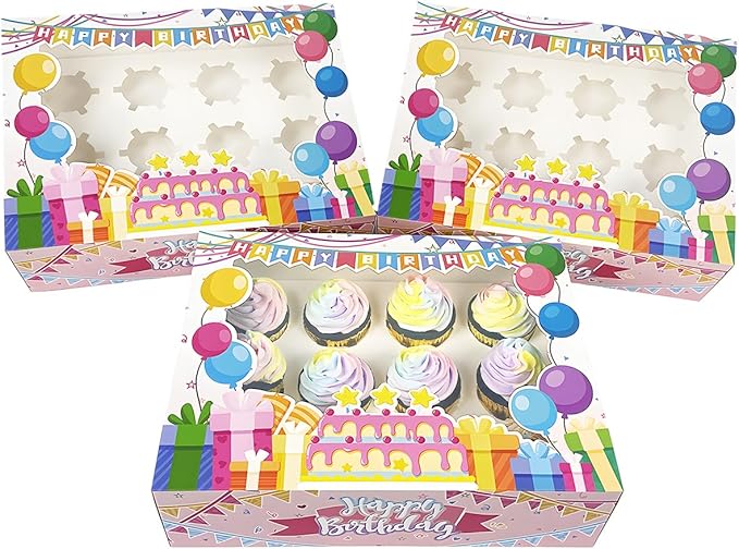 qiqee Birthday 16 Packs 12 Cupcake Boxes with Window, 13"x10"x3.5" Bakery Boxes for Cupcakes, 12 Cupcake Carriers