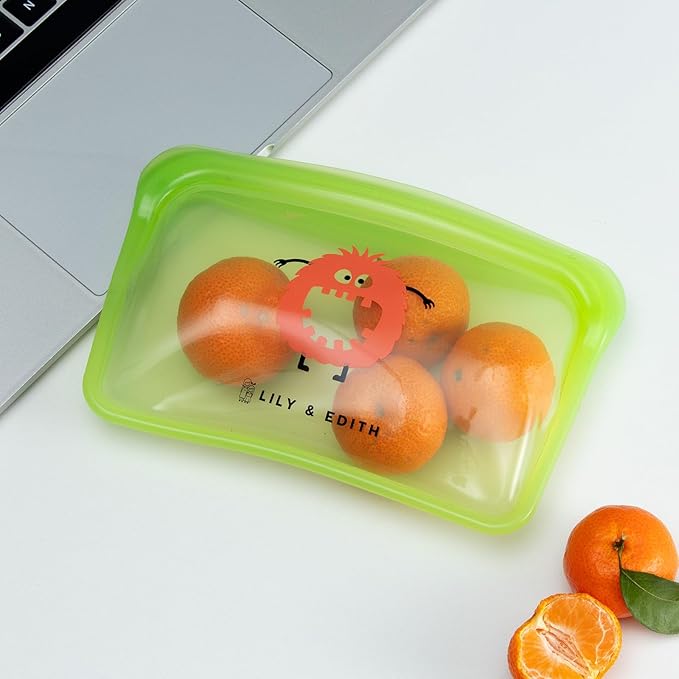 LILY & EDITH Silicone Reusable Snack Bags Dishwasher Microwave Freezer Safe, BPA Free, Leakproof Reusable Food Storage Bags, Plastic Free Snack Pouch, Accessory bag, Portable 400ml(Green)