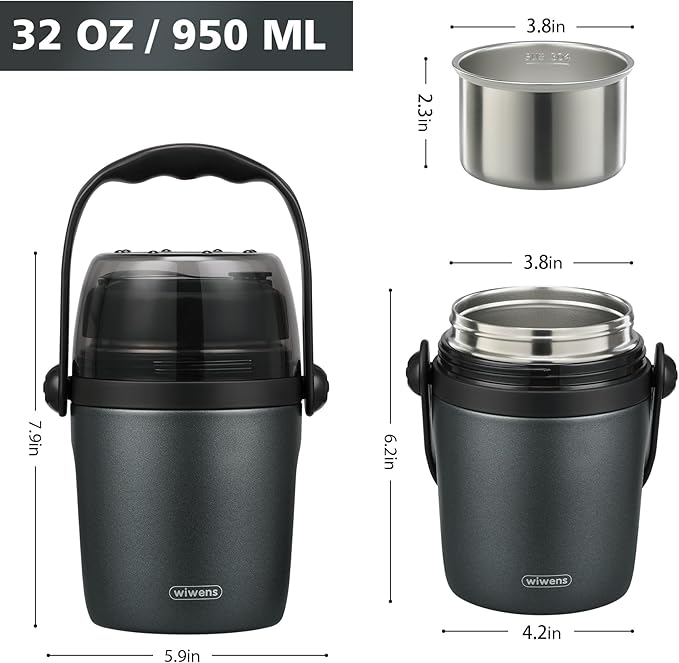 32oz Lunch Containers for Adults Kids Soup Thermo for Hot Food Jar Stainless Steel Insulated Vacuum Leak Proof Wide Mouth Thermal Bento Box with Spoon and Tritan Lid