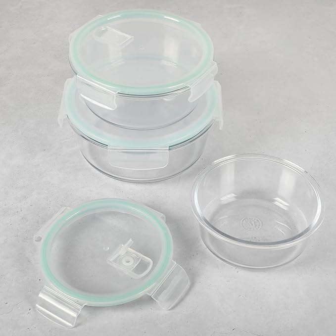 Martha Stewart Lamoine 6 Piece 44 oz, 32 oz, 22 oz Round Storage Borosilicate Glass Container Set w/PP Snap Martha Blue Lids