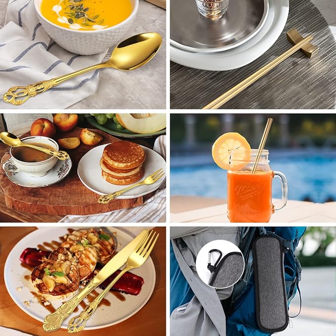 AARAINBOW 7 Pieces Stainless Steel Flatware Set Portable Reusable Cutlery Set Travel Utensils Set Including Chopsticks Knife Fork Spoon Straws Cleaning Brush Dishwasher Safe (G-Golden)