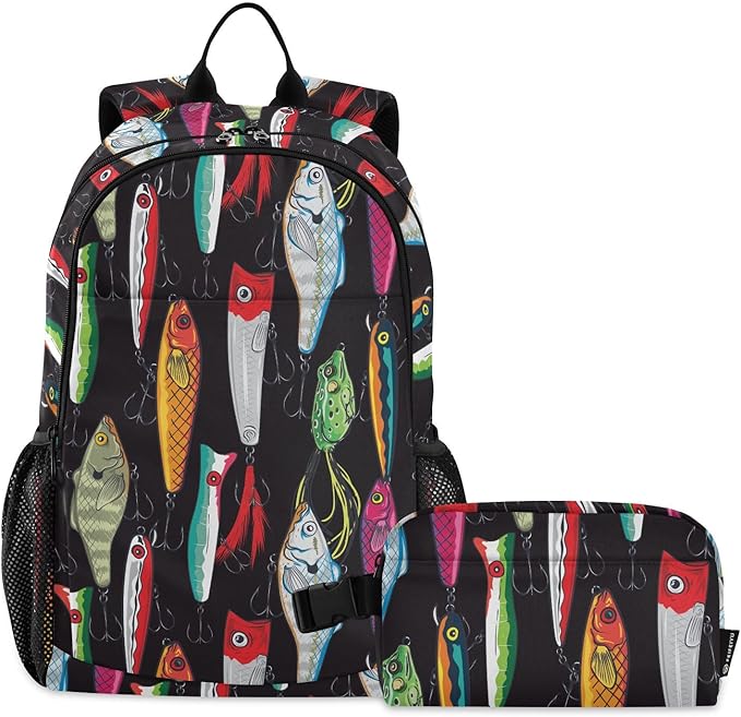 Emelivor Colorful Fishing Lures Kids Backpack for Girls Boys School Bookbag with Insulated Lunch Box for Preschool Primary School School Backpack