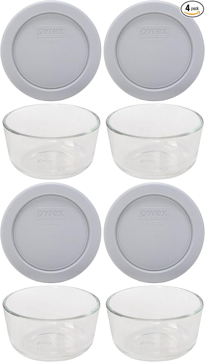 Pyrex (4) 7202 Glass Bowls & (4) Pyrex 7202-PC Jet Gray Lids Made in the USA