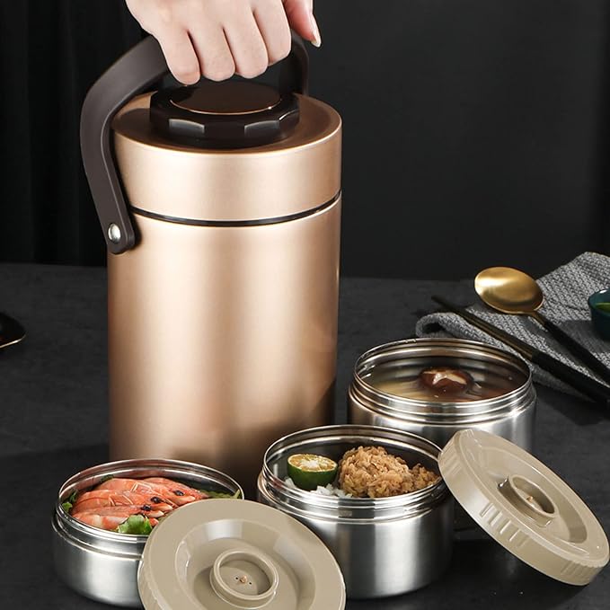 Yosoo Thermos for Hot food Wide Mouth Lunch Box, 2000ml 3-Layer Stackable Insulated Food Container Reusable Leak Proof Soup Food Jar for Warm/Cool Food Daily Office Travel Picnic Outdoor Meals(Gold)