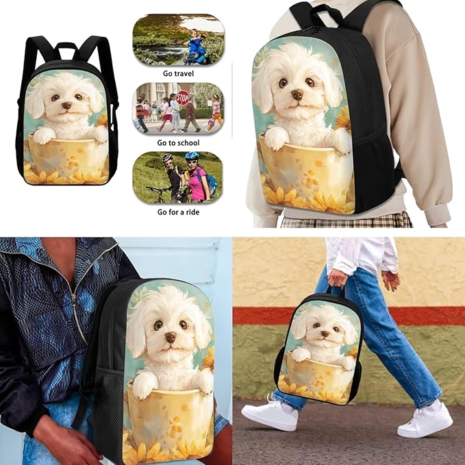 Dolyues Sunflower Cup Dog Girls Backpack Bundle: 17 Inch Children’s Backpack, Double Compartment Lunch Bag & Shimmer Pencil Case - Washable & Scratch-Resistant