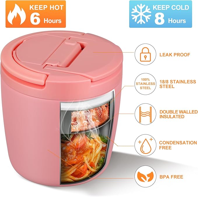 40oz Insulated Lunch Containers for Adults Soup Thermo for Hot Food Jar Wide Mouth Leak Proof Vacuum Stainless Steel Thermal Bento Box with Buckle Lid and Spoon