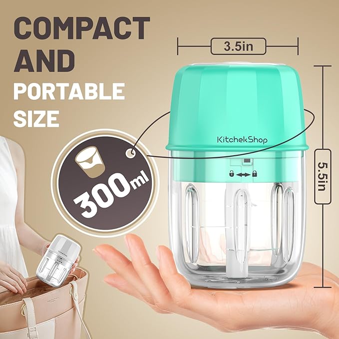 Rechargeable Portable and Cordless Mini Food Processor 300ML with Stainless Steel Blade, Electric Garlic Chopper Vegetable Chopper Blender for Nuts Chili Onion Minced Meat and Spices BPA-Free(Green)