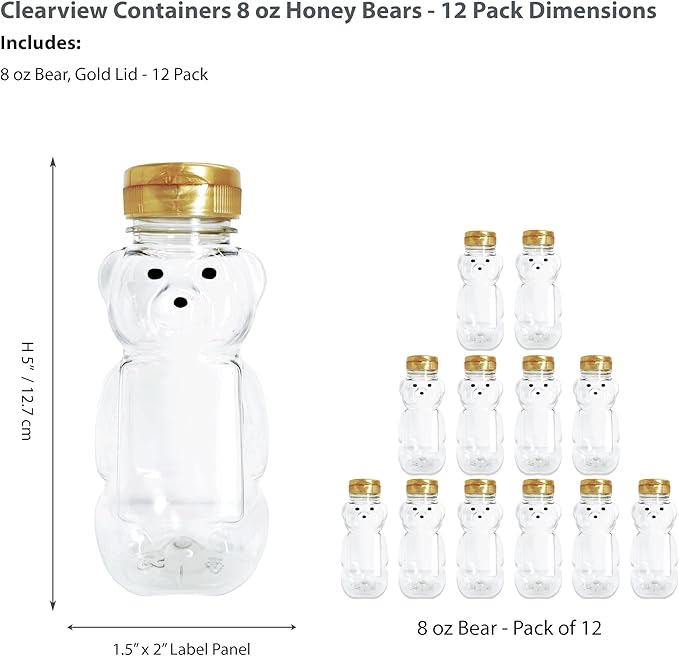 12 Pack of 8 Ounce Honey Bears with Sealable Gold Flip Top Lids (8 oz. Bear, 12pk, Gold)