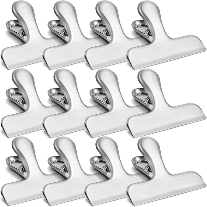 Chip Clips, 3 Inches Wide Food Bag Clips, Stainless Steel Snack Clips for Food Storage, Heavy Duty Food Bag Clamps, Air Tight Seal, Grip Bag Chip Clamps for Kitchen, Office, Pack of 12, Silver
