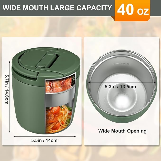 MAXSO Lunch Container 40 oz for Adults Stainless Steel Vacuum Insulated Food Jar, Soup Thermo for Hot Food Thermal Bento Box, Wide Mouth Leakproof Buckle Lid with Spoon - Green
