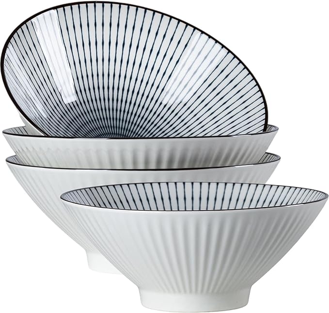 38 oz Japanese Ramen Bowls Set of 4, Large Pho Bowls, 8 Inch Ceramic Blue and White Soup Bowls, Striped Pattern