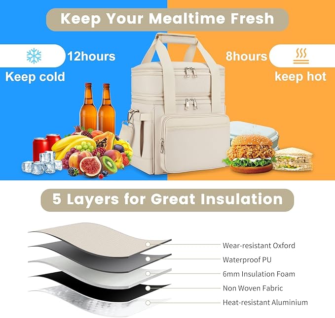 Insulated Lunch Bag & Lunch Box for Women - Double Deck Reusable Lunch Bag for Men Tote Cooler Bag Leakproof Soft Expandable - Large Lunchbox for Work/Adult/Picnic/Outdoor (Cream,15L)