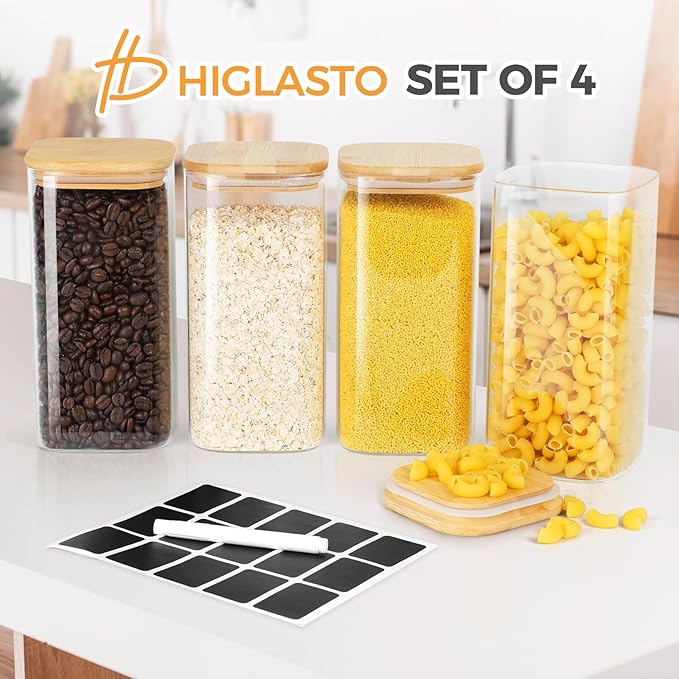 Glass Jars with Airtight Lid,Glass Storage Jars with Bamboo Lid, 54oz Set of 4 Glass Canisters with Airtight Lids, Square Glass Kitchen Storage Containers Jars,Pasta Containers