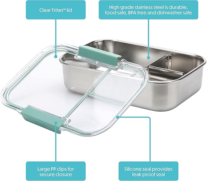Microwave Safe Stainless Steel 3 Compartment Bento Lunch Box, 44oz