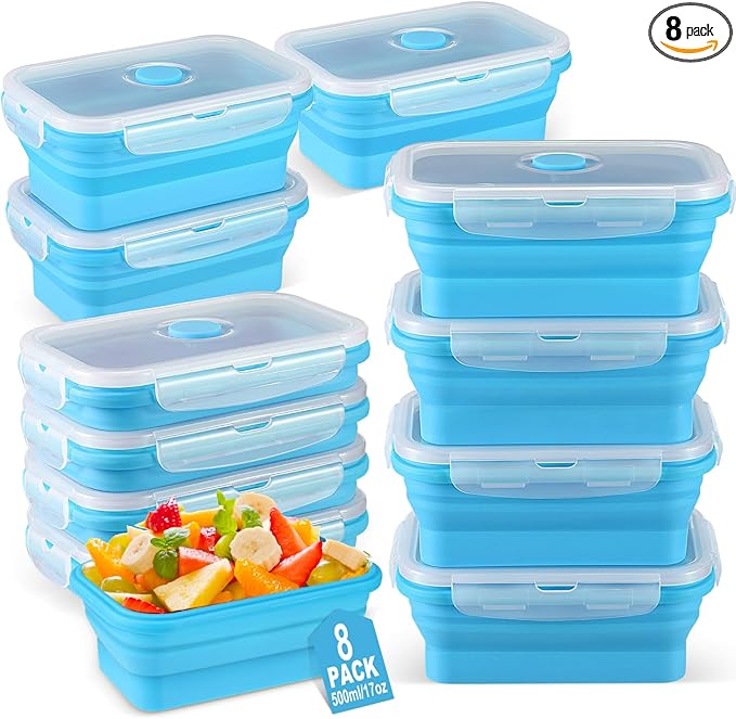 Mifoci Set of 8 Silicone Collapsible Food Storage Containers 17 oz Collapsible Meal Prep Container Square Bowl with Vent Lids, Microwave, Freezer and Dishwasher Safe (Blue)