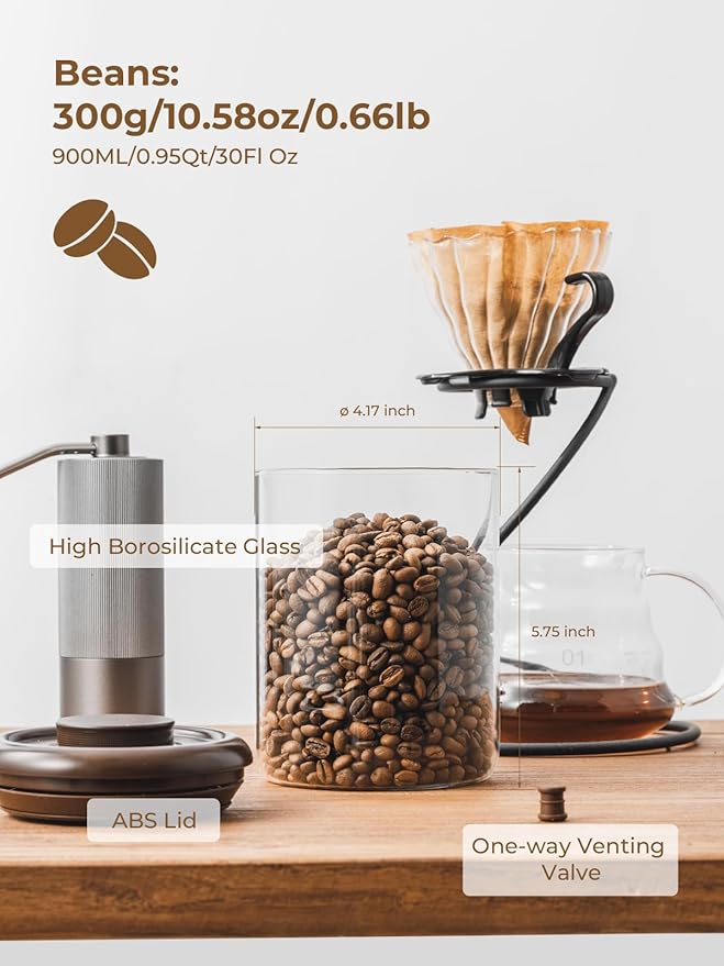 Glass Coffee Bean Jar 900 ml – Pop Top Air Tight Coffee Bean Container with CO2 Valve, 11 Oz Coffee Storage Airtight Canister, Brown