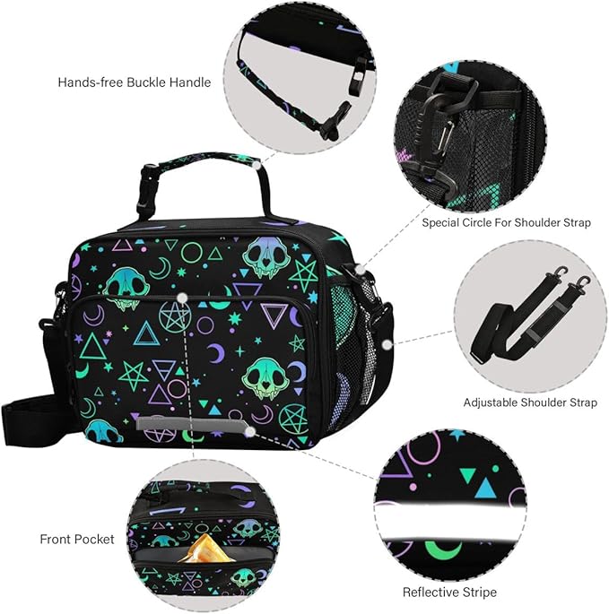 MNSRUU Insulated Lunch Bag Magic Skulls Lunch Bag Women Lunch Totes Men Lunch Box with Adjustable Shoulder Strap Lunch Bag for Work Office School Picnic
