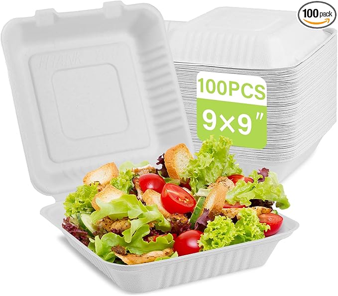 greensight Clamshell Take Out Food Container 100 Pack, 9 x 9 Compostable To Go Containers, Disposable To Go Food Boxes, Biodegradable Made From White Sugarcane Fibers